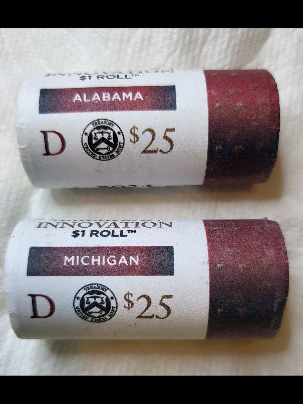 Innovation Dollar - State Coin Rolls - Alabama & Michigan ($25 Face Value Each)